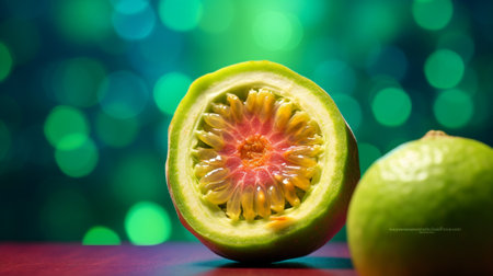 Photo of Feijoa fruit half against a colorful abstract backgroundの素材