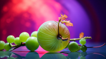 Photo of Otaheite gooseberry fruit half against a colorful abstract backgroundの素材