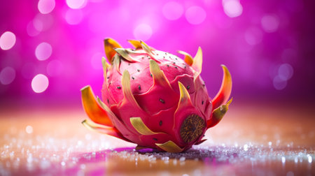 Photo of Pitaya fruit half against a colorful abstract backgroundの素材