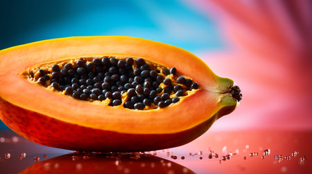 Photo of Papaya fruit half against a colorful abstract backgroundの素材