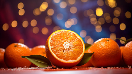 Photo of Satsuma fruit half against a colorful abstract backgroundの素材