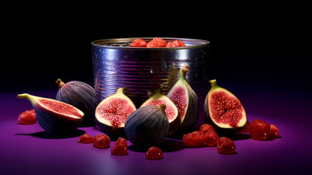 Photo of Tin fig fruit half against a colorful abstract backgroundの素材