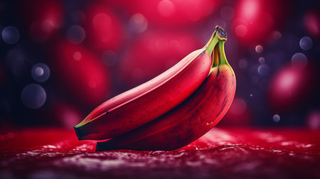 Photo of Red banana fruit half against a colorful abstract backgroundの素材
