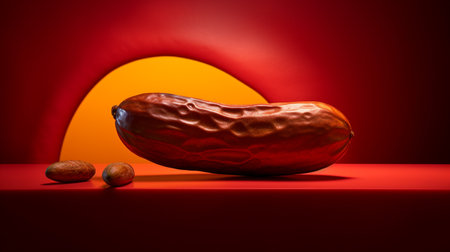 Photo of Tamarind fruit half against a colorful abstract backgroundの素材