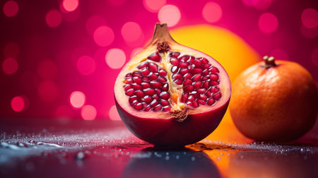 Photo of Rukem fruit half against a colorful abstract backgroundの素材