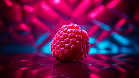 Photo of Red raspberry fruit half against a colorful abstract backgroundの素材