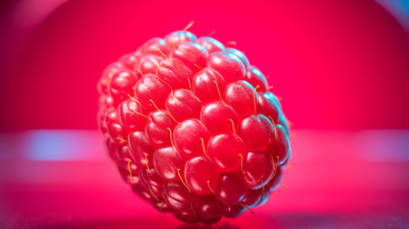 Photo of Raspberry fruit half against a colorful abstract backgroundの素材