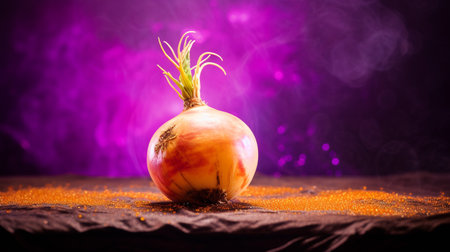 Photo of Turnip fruit half against a colorful abstract backgroundの素材