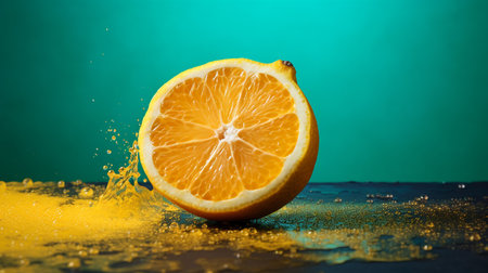 Photo of Yuzu fruit half against a colorful abstract backgroundの素材