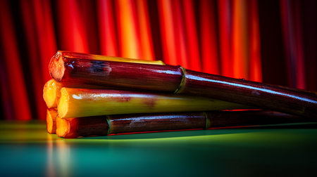 Photo of Sugarcane fruit half against a colorful abstract backgroundの素材