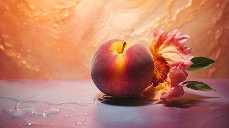 Photo of Peach fruit half against a colorful abstract backgroundの素材