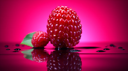 Photo of Raspberry fruit half against a colorful abstract backgroundの素材