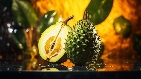 Photo of Soursop fruit half against a colorful abstract backgroundの素材