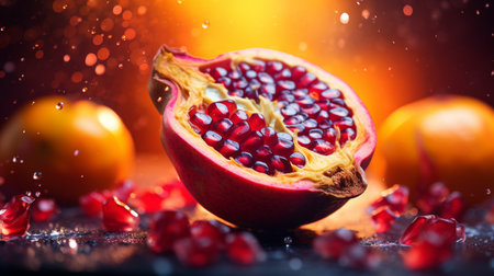 Juicy pomegranate with drops of water on black backgroundの素材