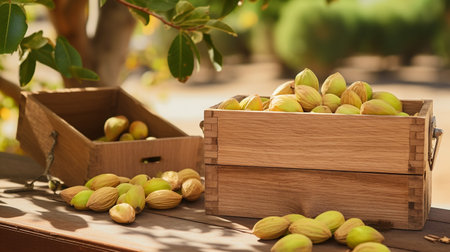 Freshly picked Almond fruit from garden placed in the boxesの素材