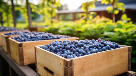 Freshly picked Blueberry fruit from garden placed in the boxesの素材