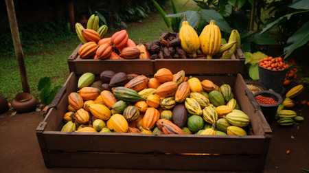 Freshly picked Cacao fruit from garden placed in the boxesの素材
