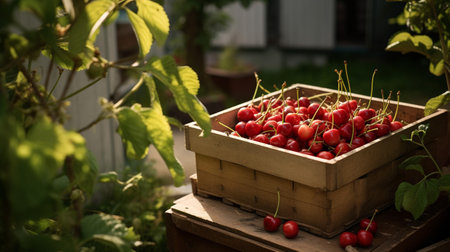 Freshly picked Cherry fruit from garden placed in the boxesの素材