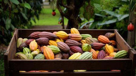 Freshly picked Cacao fruit from garden placed in the boxesの素材