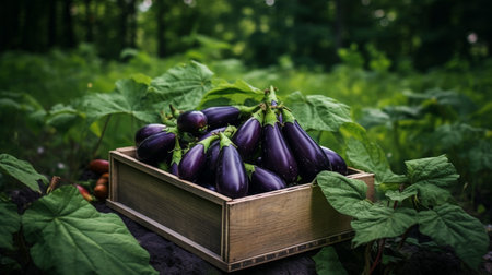 Freshly picked Eggplant fruit from garden placed in the boxesの素材