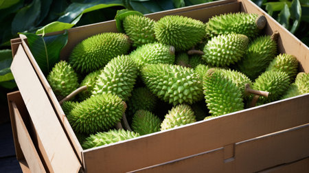 Freshly picked Guanabana fruit from garden placed in the boxesの素材