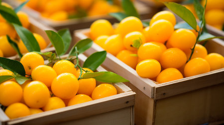 Freshly picked Kumquat fruit from garden placed in the boxesの素材