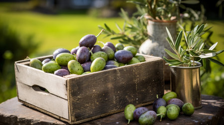 Freshly picked Olive fruit from garden placed in the boxesの素材