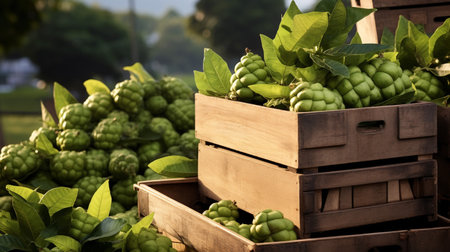 Freshly picked Noni fruit from garden placed in the boxesの素材
