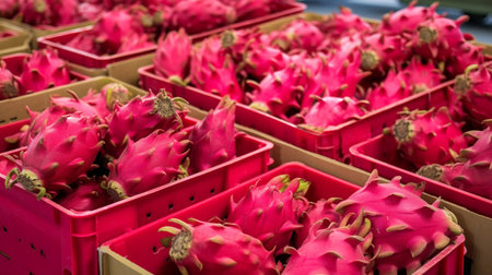 Freshly picked Red pitahaya fruit from garden placed in the boxesの素材