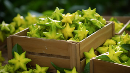 Freshly picked Starfruit from garden placed in the boxesの素材