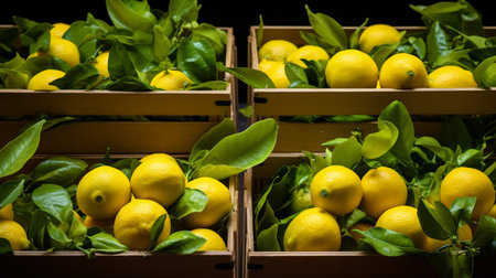 Lemons and lemons in wooden boxes on a black backgroundの素材