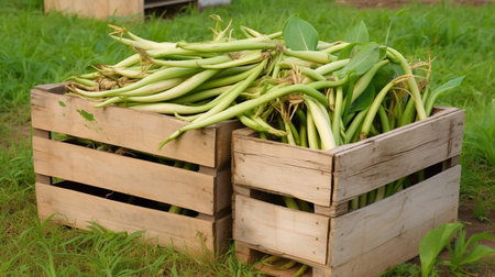 Freshly picked Vanilla fruit from garden placed in the boxesの素材