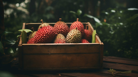 Freshly picked Red durian fruit from garden placed in the boxesの素材