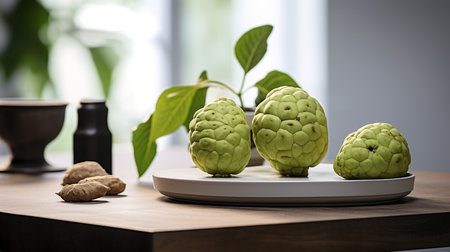 Photo of Cherimoya on a minimalist tableの素材