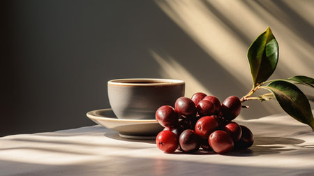 Photo of Coffee fruit on a minimalist tableの素材