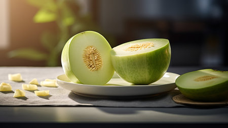 Photo of Honeydew on a minimalist tableの素材