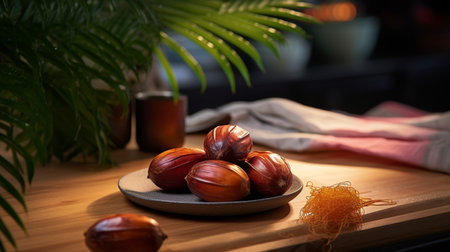 Photo of Palm fruit on a minimalist tableの素材