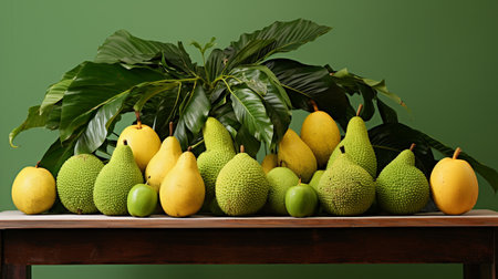 Pears and pears on a wooden table with a green backgroundの素材