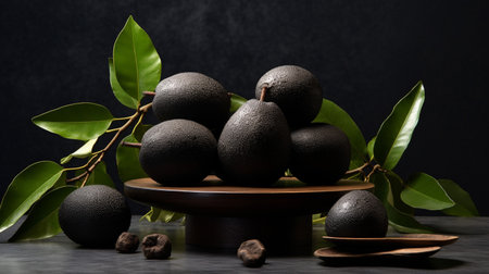 Photo of Black sapote on a minimalist tableの素材
