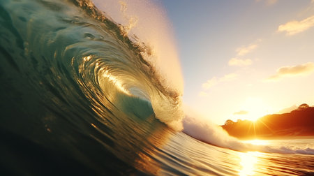 Surfing ocean wave at sunset. 3d render concept surfing waveの素材