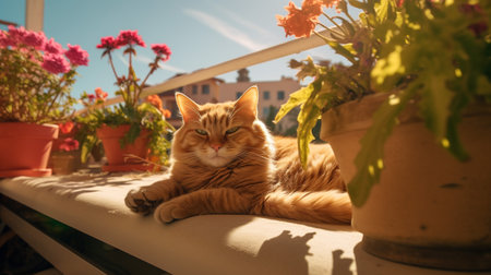 Photo of a cat lounging on a sun-drenched balconyの素材