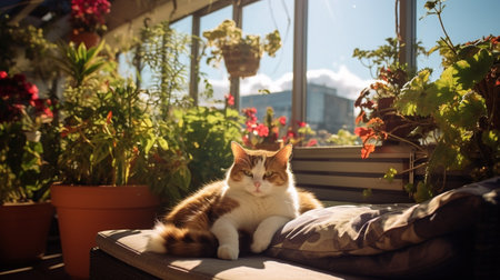 Photo of a cat lounging on a sun-drenched balconyの素材