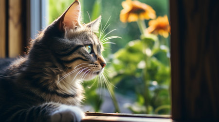 Photo of a cat gazing out of a windowの素材