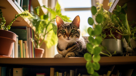 Photo of a cat sitting on a bookshelfの素材