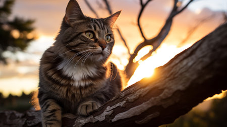 Photo of a cat perched on a tree branch against a sunの素材
