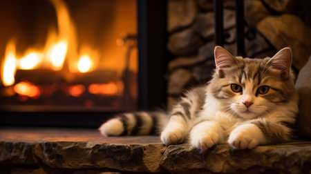 Photo of a cat sitting beside a warm fireplaceの素材