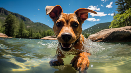 Photo of a dog cooling off in a crystal-clear mountainの素材