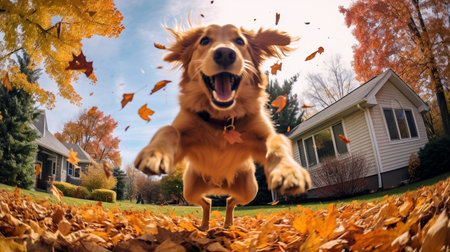 Photo of a dog joyfully leaping into a pile of autumn leavesの素材
