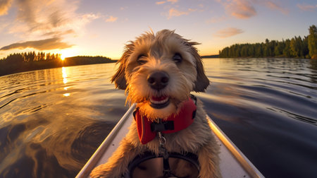 Photo of a dog enjoying a boat ride on a serene lakeの素材
