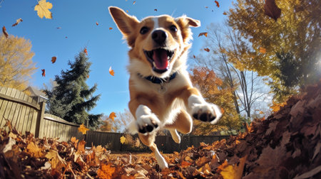 Photo of a dog joyfully leaping into a pile of autumn leavesの素材